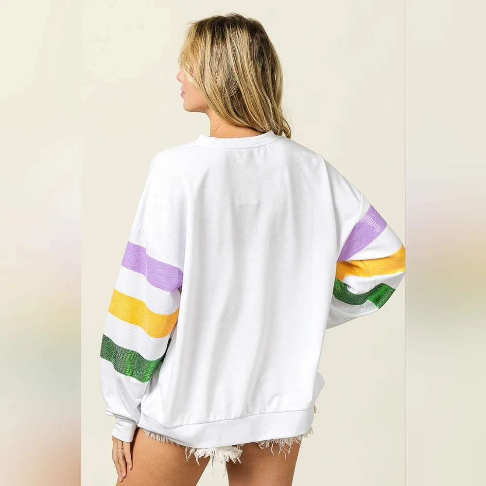 BiBi Sequin Mardi Gras Striped Round Neck Sweatshirt - Picture 11 of 14